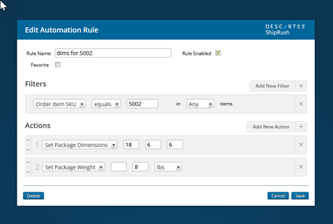 shipping automation rule set package dimensions