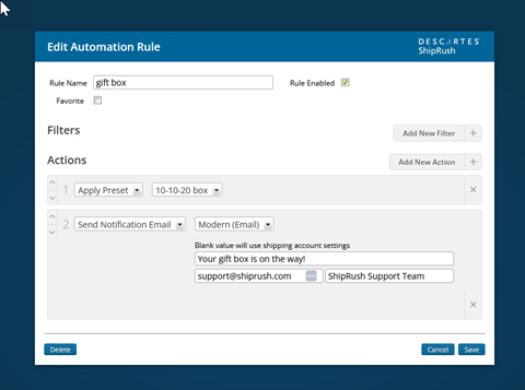 shipping automation rule send notification email