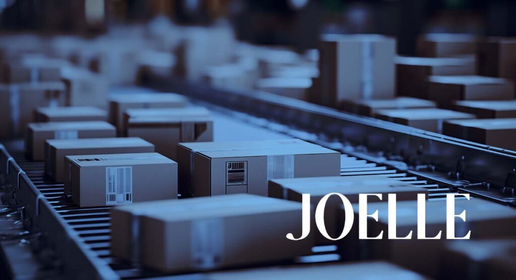parcels in a warehouse with JOELLE logo for shipping and warehouse fulfillment case study