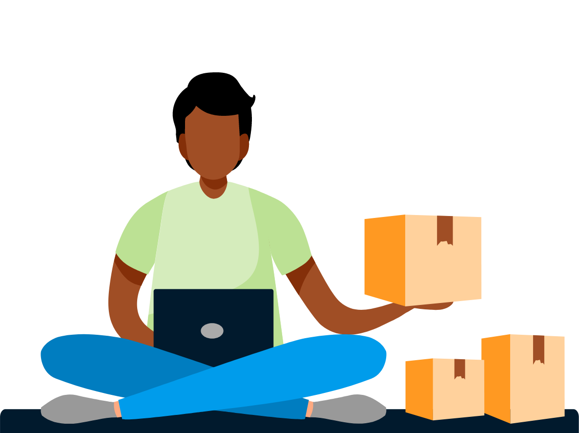 person with a laptop holding a parcel ready to ship