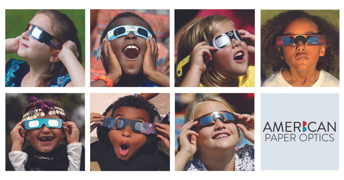 Excited children wearing American Paper Optics solar eclipse glasses