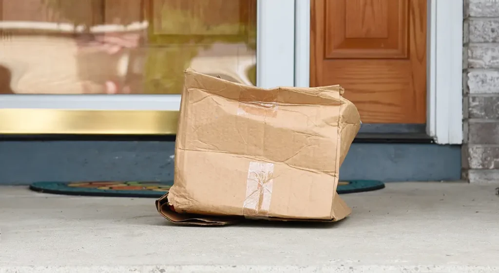 High-value, damaged parcel on a doorstep is protected by ecommerce shipping insurance.