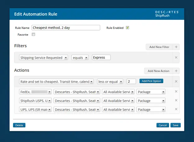 A product screenshot of shipping software automation rule logic for selecting the fastest, cheapest shipping services for ecommerce.