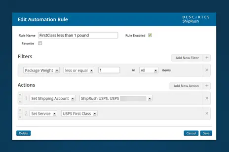 Shipping software product screenshot showing automation rule setup for selecting first class shipping services for ecommerce orders.