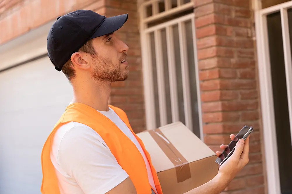 Delivery driver is holding a parcel and a cell phone, standing on the doorstep of a house, confused because of ecommerce shipping to wrong address