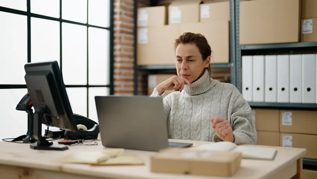 Ecommerce business leader sitting at a desk with a laptop computer in a warehouse office, thinking about how to get shipping discounts.