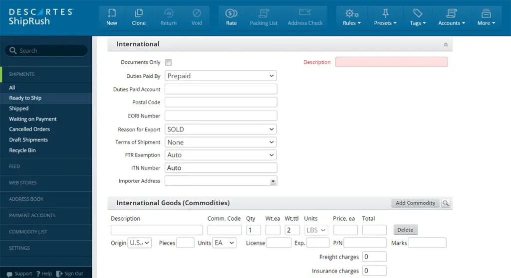 Example of international shipping customs document template for ecommerce shipping