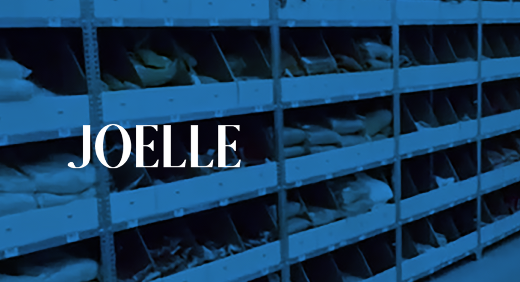 JOELLE logo with ecommerce warehouse shelves and products