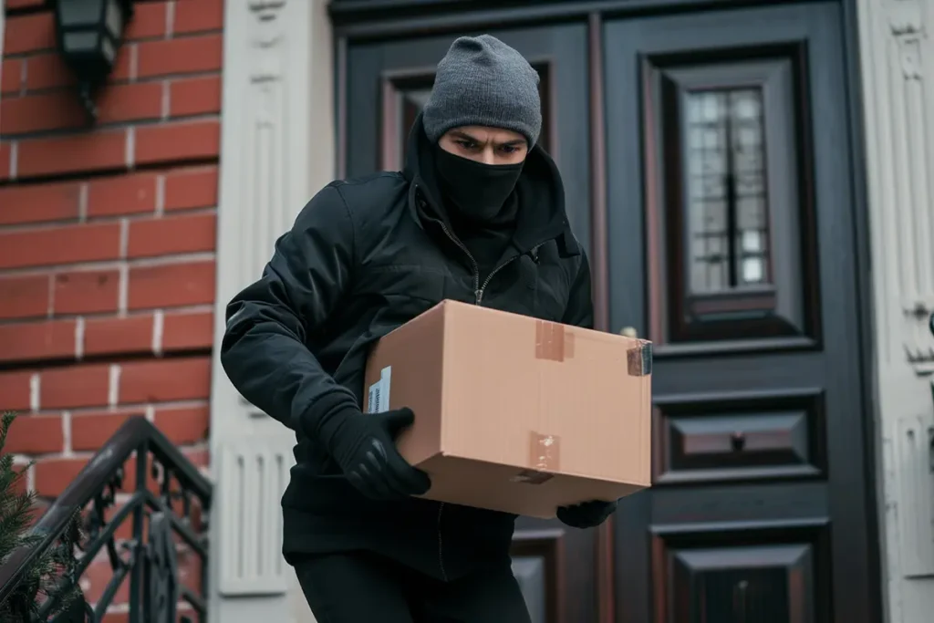 Man with a hooded jacket and gloves on a porch committing package theft of a parcel covered by shipping insurance