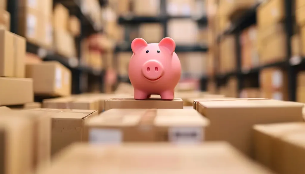 Piggy bank surrounded by parcels representing best ecommerce shipping discounts for UPS, USPS, FedEx, and more. 