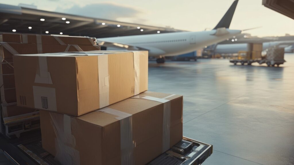 Parcels stacked near an airplane representing international shipping discounts 