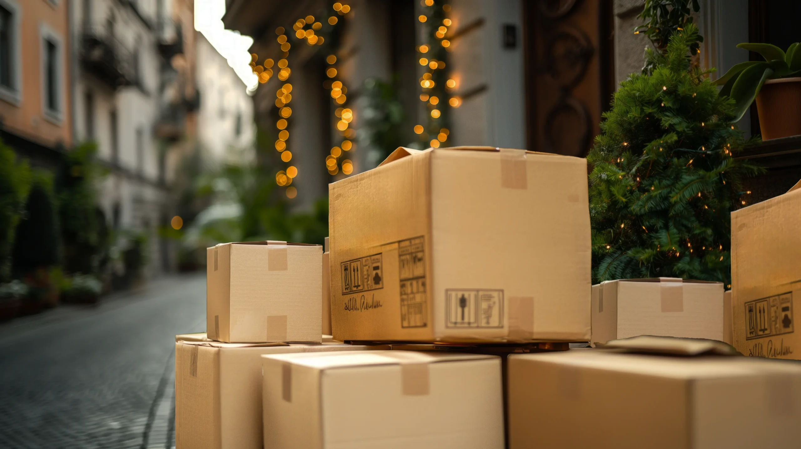 Parcels Stacked on a Festive Street to Meet Holiday Shipping Deadlines