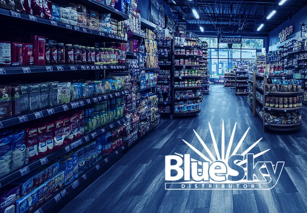 Blue Sky Distribution logo with a convenience store background representing multichannel ecommerce fulfillment in the grocery and tobacco industries