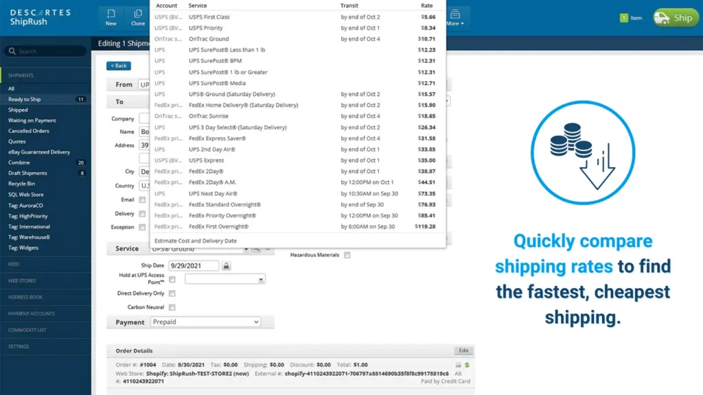 Shipping software with multi-carrier shipping rate comparison to quickly compare shipping rates and print cheap shipping labels