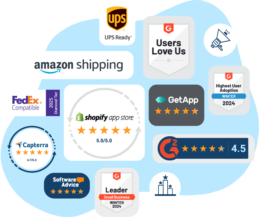 Descartes ShipRush social proofing for FedEx discount shipping, UPS discount shipping, Capterra reviews, G2 reviews, Get App reviews, Shopify App Store reviews, Software Advice reviews, Amazon Shipping partner, FedEx diamond tier, UPS Ready