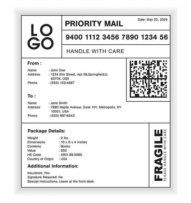 example of a shipping label for ecommerce parcel shipping