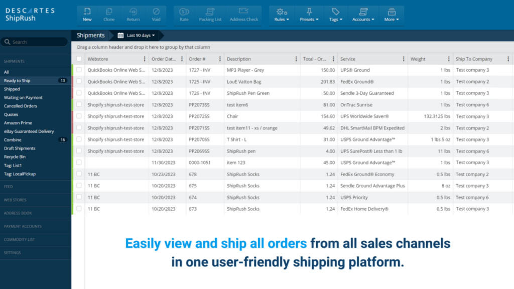 Multi-channel orders are organized in one place to print shipping labels with parcel shipping software. 