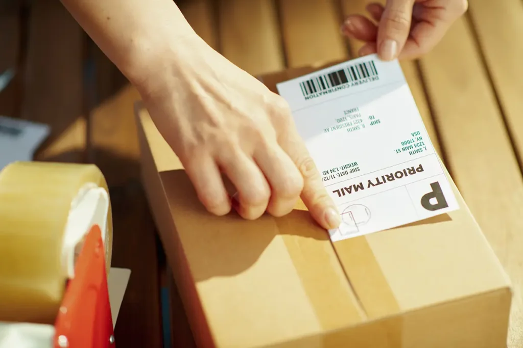 Multi-channel ecommerce seller placing a priority mail shipping label on a parcel