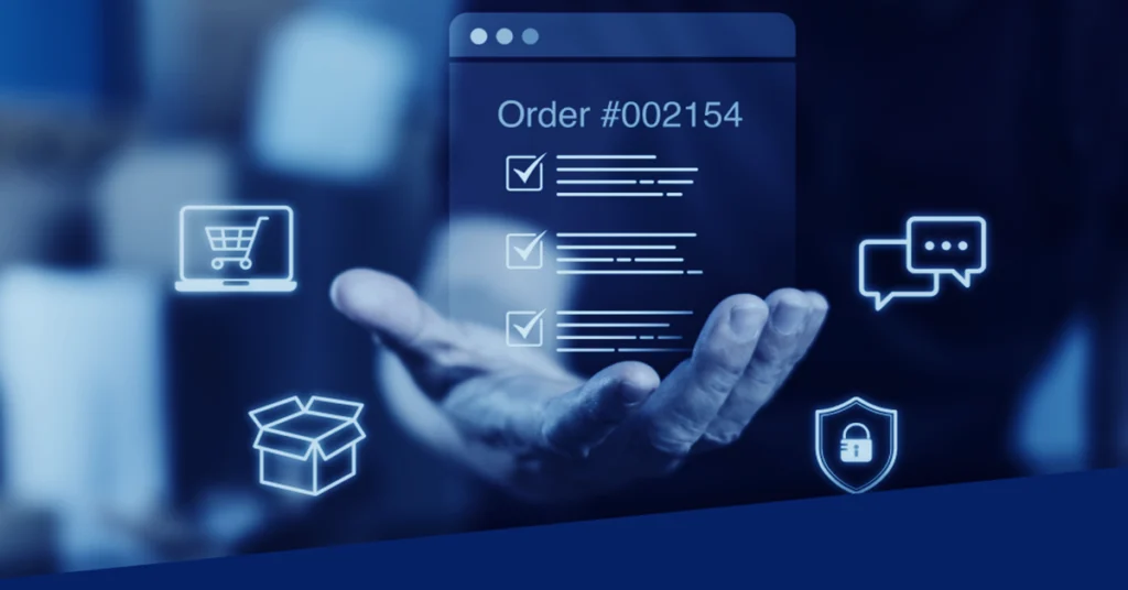 An ecommerce operations manager’s hand is extended, holding graphics representing multichannel order management and shipping, including an order and icons representing a parcel, ecommerce shopping cart, conversation bubbles, and a shield for security.