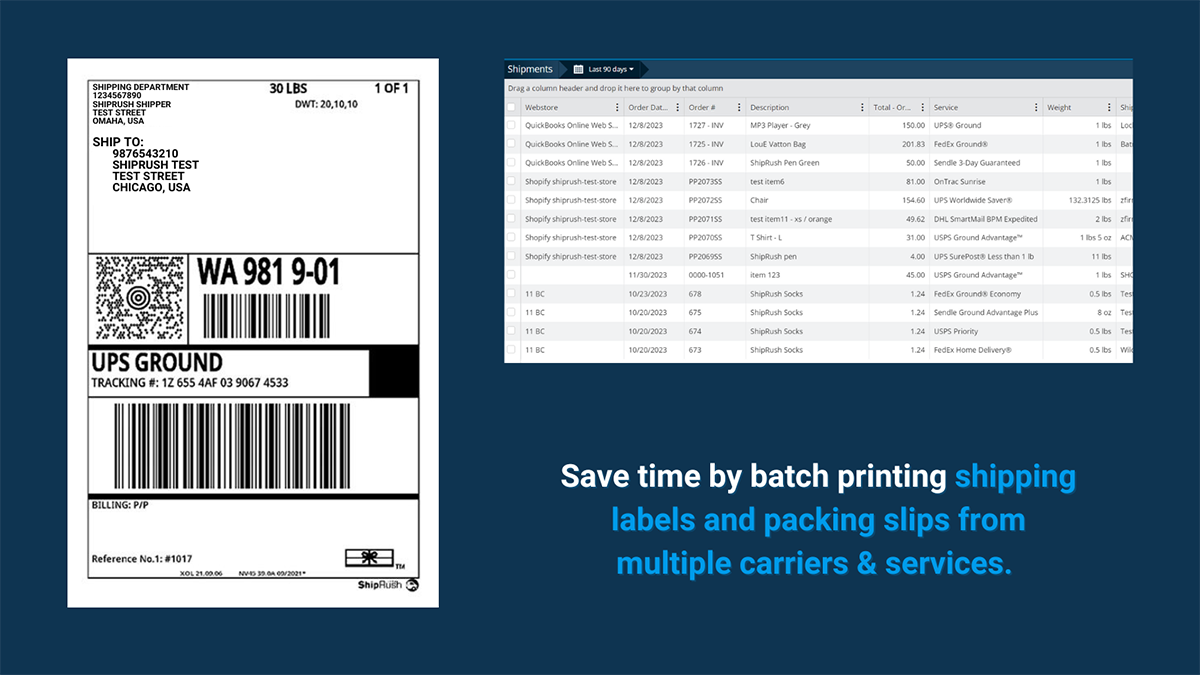 An image of a shipping label for UPS Ground alongside a screenshot of the Descartes ShipRush multichannel order management and shipping platform depicting ready-to-ship orders from QuickBooks and Shopify. Text says, “Save time by batch printing shipping labels and packing slips from multiple carriers & services.”